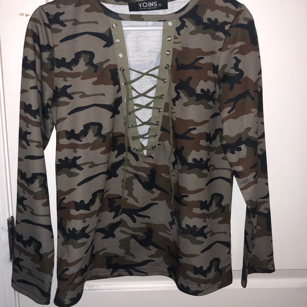 Camo Criss Cross V Neck Top